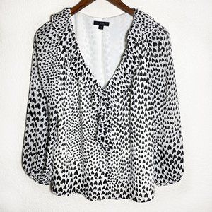 J. Crew Blouse Antique White w/ Black Hearts Print Ruffled V-Neckline S